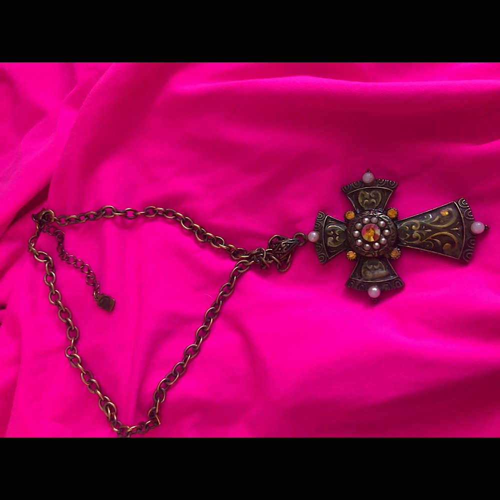 gold , topaz, pearl  Cross necklace